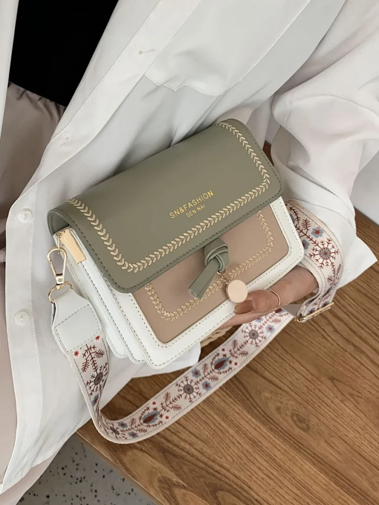 Bolsa Transversal Feminina Nova e Fashion, Casual com Blocos de Cor, Bolsa de Ombro com Aba e Alça Larga, Bolsa Transversal Feminina para Trabalh