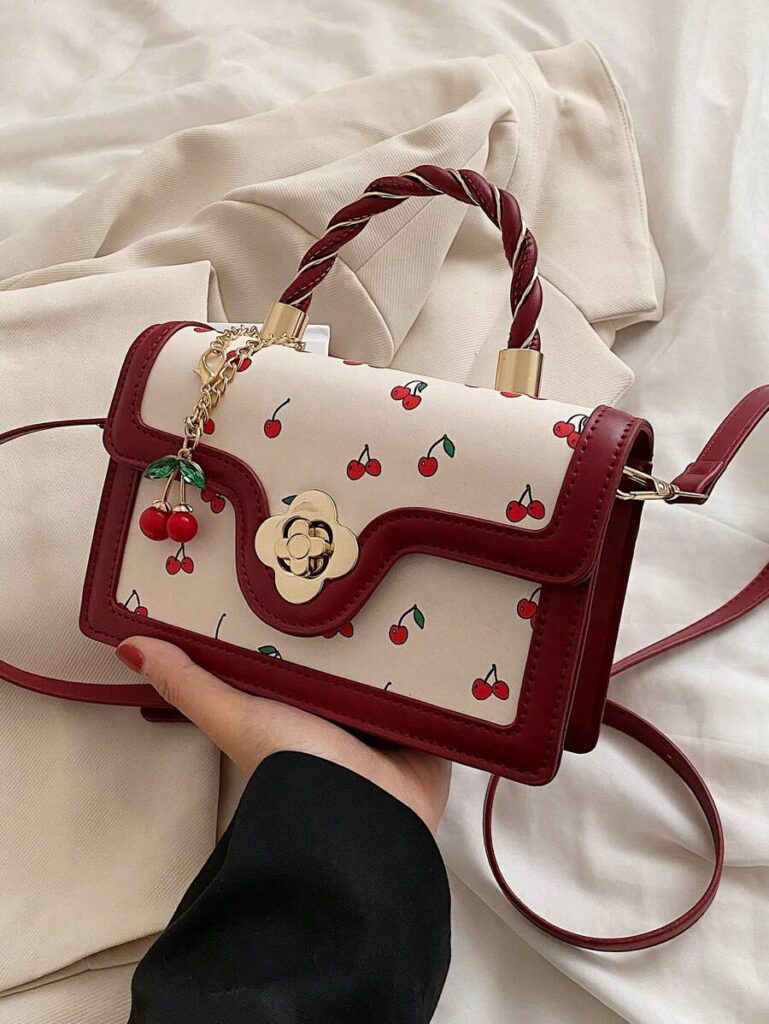 Bolsa de Ombro Quadrada de PU de Alta Qualidade e Moda Feminina, Bolsa de Ombro Multifuncional e Fofa com Estampa de Cereja, Adequada para Compra